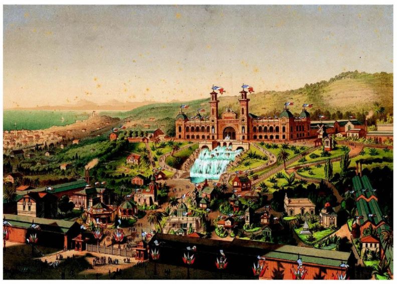 1884 panorama de l'expo sur fond de la Baie des Anges